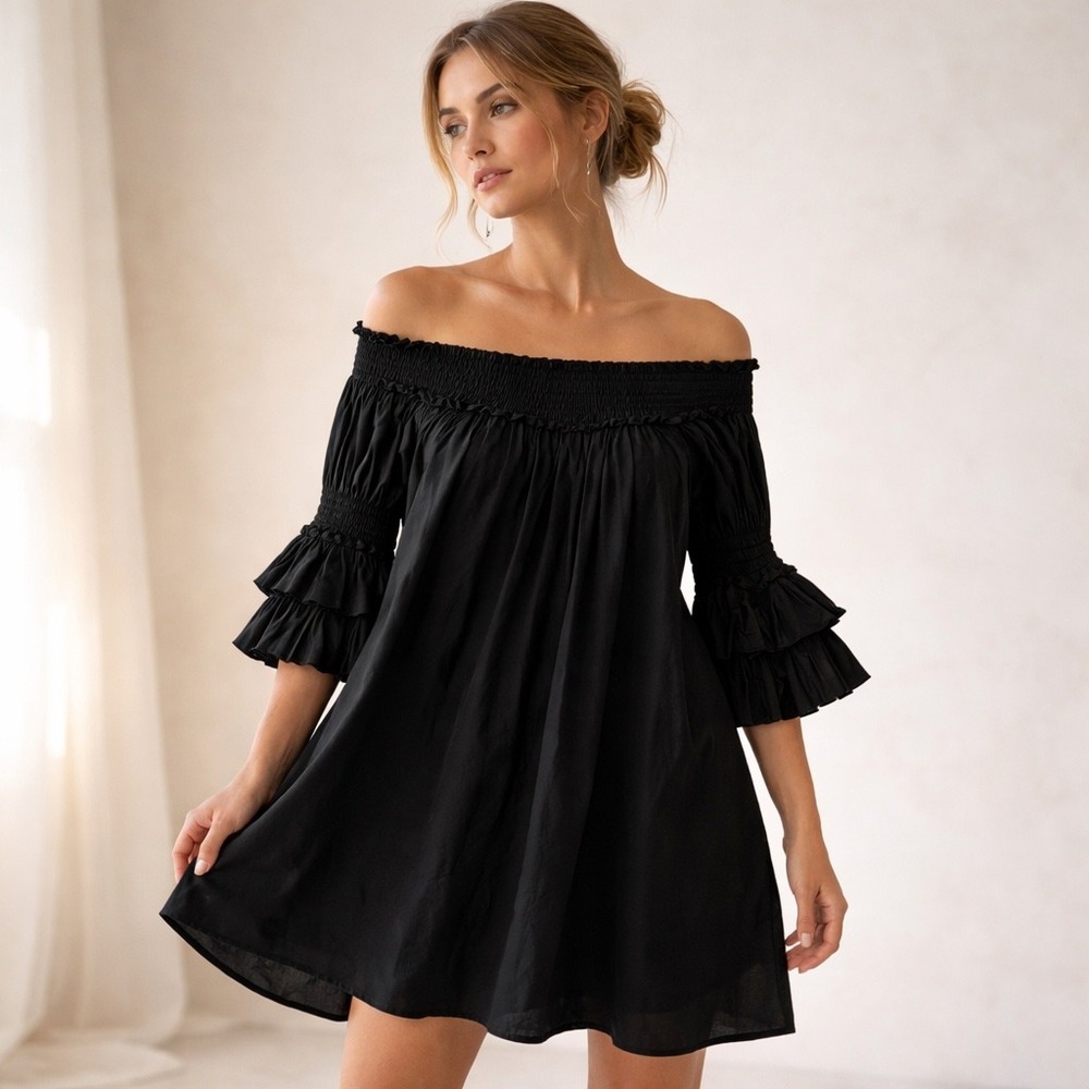 Black Smocked Swing Dress Boho Ruffle‎ Sleeve Cottagecore Romantic Goth Medium